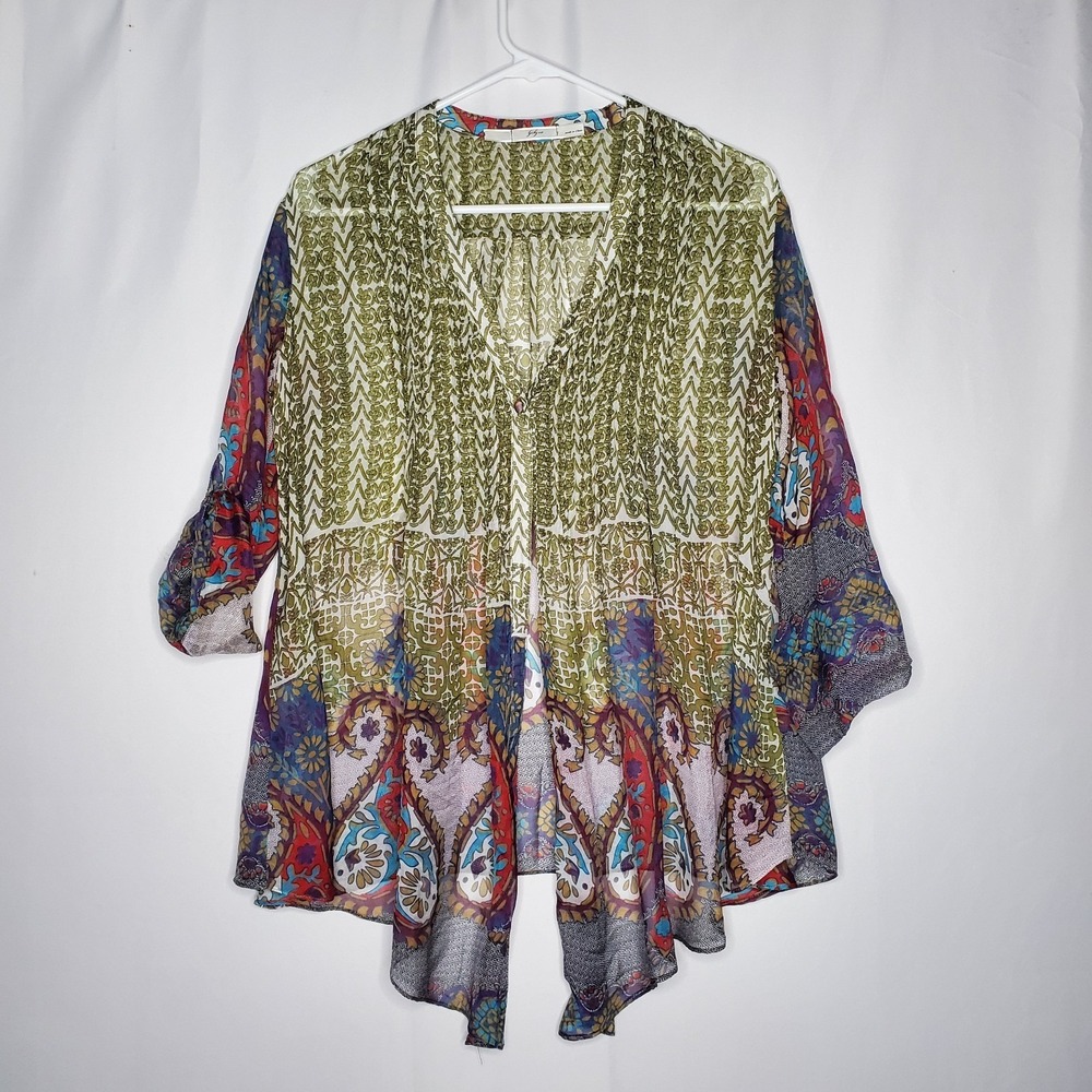 Gibson‎ Silk Overlay Top Women Medium Green Multicolor Paisley Sheer Boho 3/4